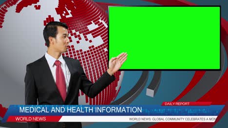 live news studio with asian male anchor reporting on medical and health, video story show green chroma key screen placeholder copy space.television newsroom channel with professional presenter