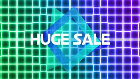 Animation-of-huge-sale-text-in-white-letters-over-blue-diamond-shape-and-green-to-purple-neon-mesh