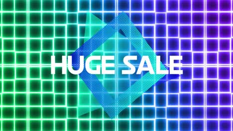 animation of huge sale text in white letters over blue diamond shape and green to purple neon mesh