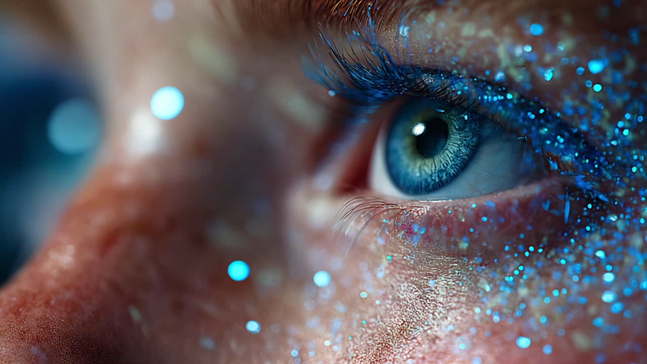 A close-up view capturing the mesmerizing beauty of a sparkling eye adorned with vibrant blue glitter, showcasing intricate details and captivating colors in stunning clarity