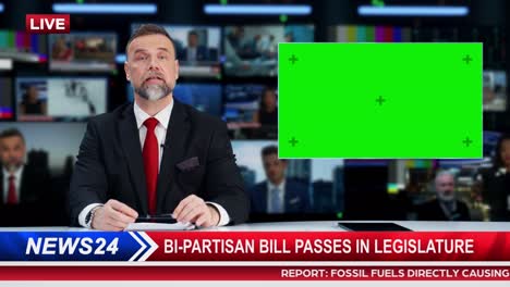 split screen tv news live report: anchor talks, reporting. reportage montage with picture in picture green screen. side by side chroma key display. television program channel playback. luma matte