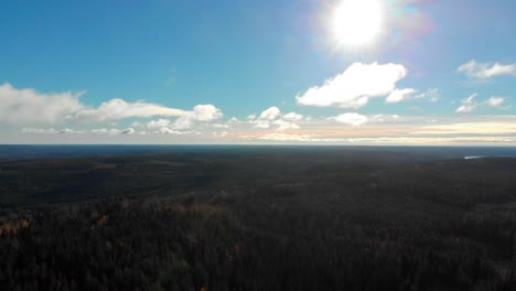 drone footage flying over a colourful autumn forest towards the bright sun, a blue sky and clouds