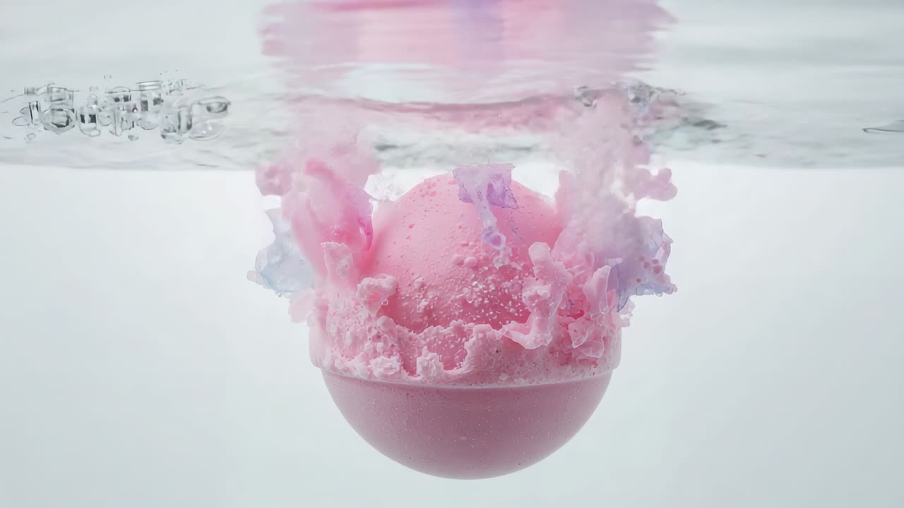 Bomba da bagno rosa che viene immersa, rilasciando schiuma e bolle in una vasca di vetro per colorare l'acqua