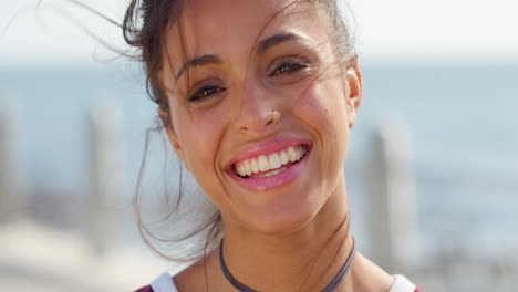 woman, smile and face while outdoor on holiday