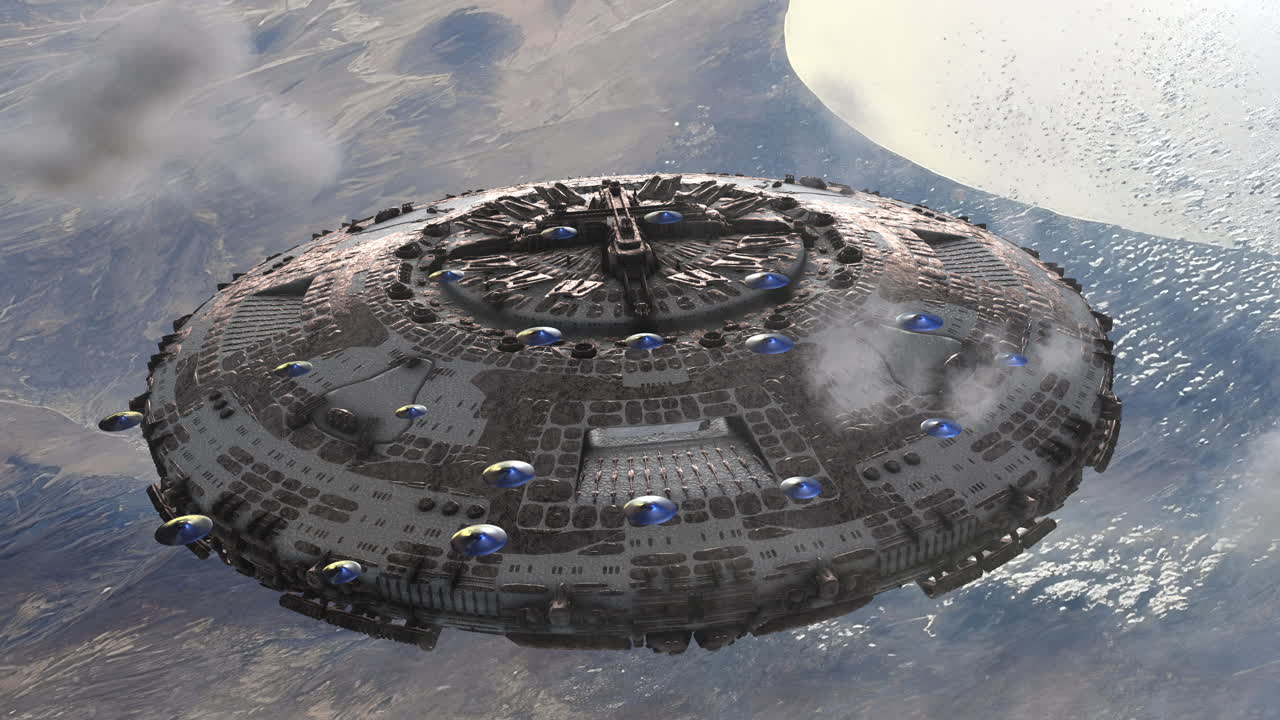 Giant UFO mothership with smaller saucers above isarel