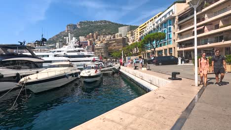 people enjoying a walk by luxury yachts