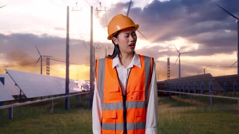 wondering asian female engineer with safety helmet working doubtfully with solar panel and wind turbines