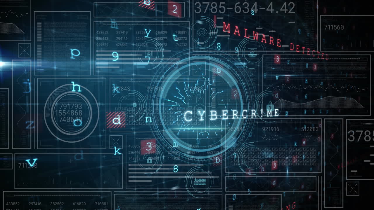 Animation of interface with cyber security data processing against blue background