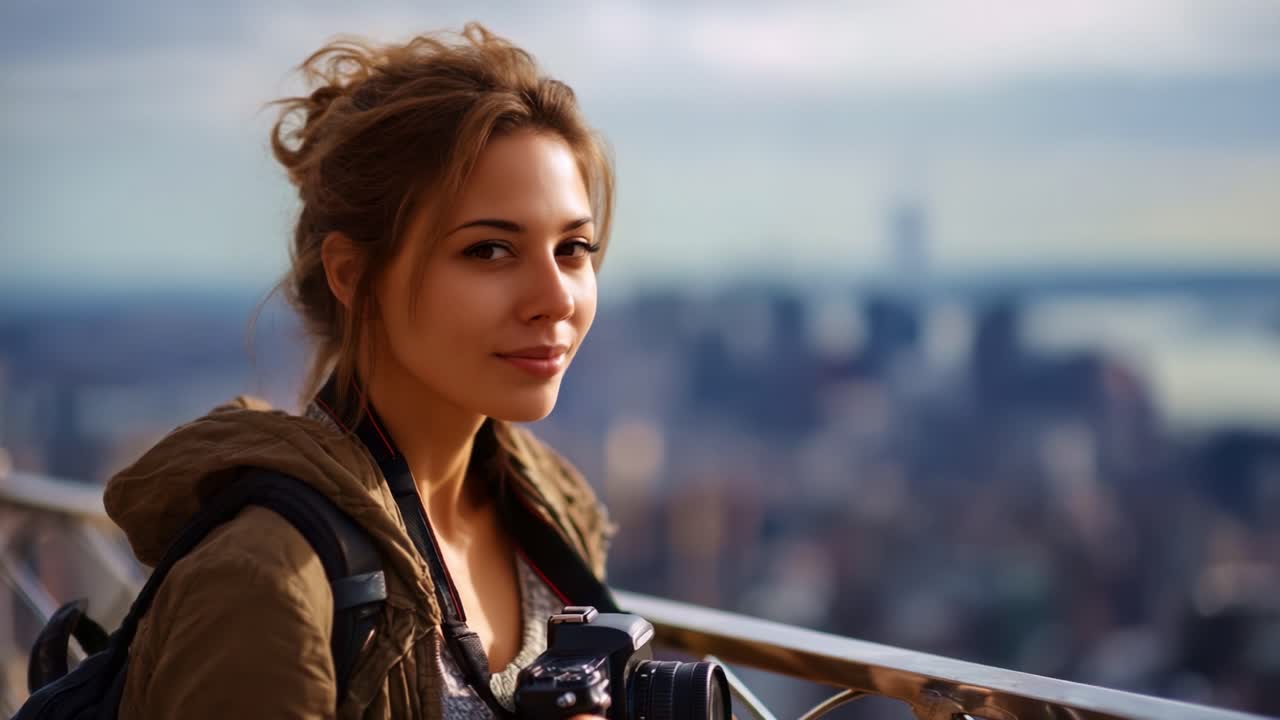 Captivating Portrait of a Young Woman with a Camera Enjoying a Scenic View Over a Cityscape, Embracing the Beauty of Photography and Adventure