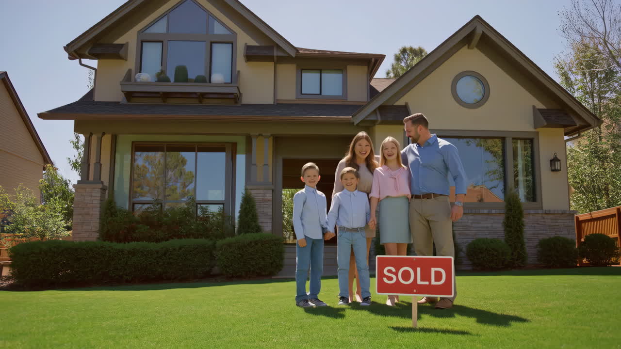 Happy family standing in front of their new 'Sold' house