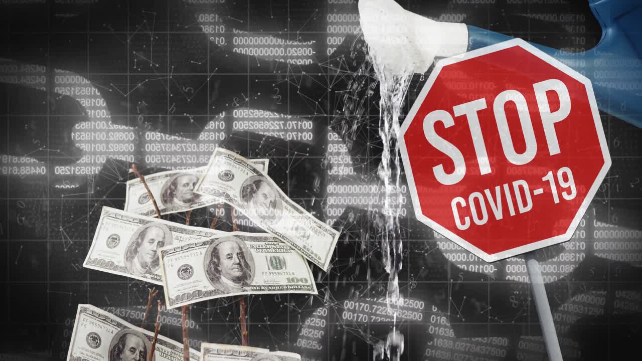 코로나 19 경고 표지판 과 미국 달러 와 보안 체인 아이콘 의 나무 에 떨어지는 물