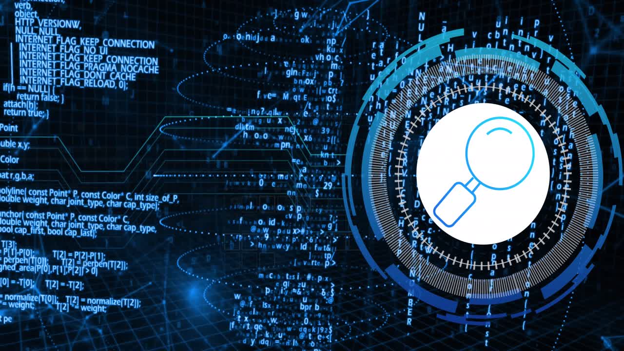 Animation of data processing with reading glass icon over blue background