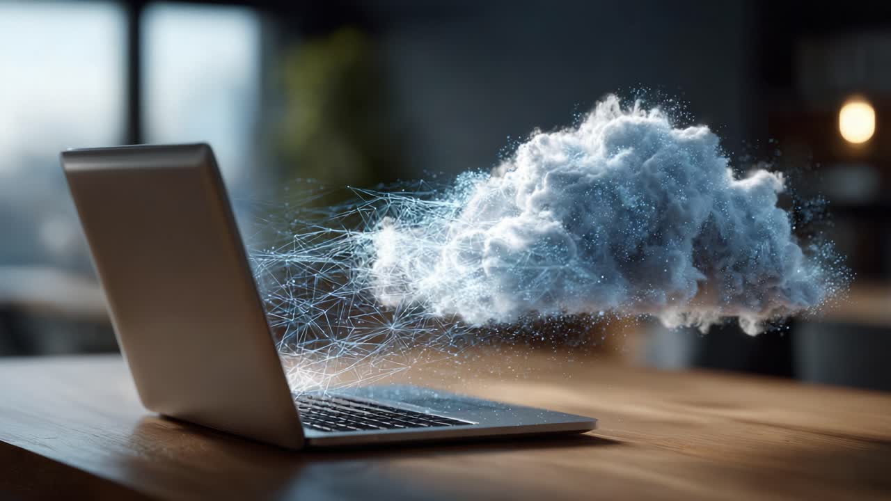 A laptop emanating a swirling cloud of digital data, embodying the fusion of technology and cloud computing in a modern workspace setting
