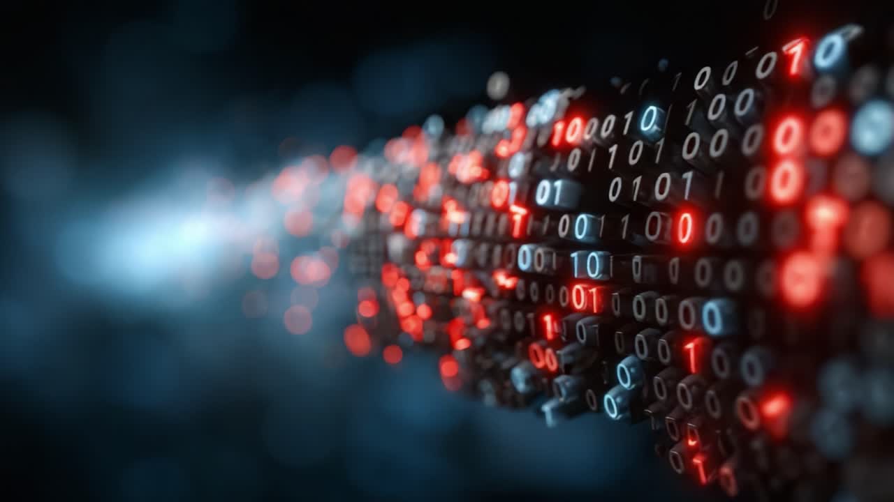 A Striking Visual of Dynamic Binary Code Flowing Through a Digital Abyss, Evoking Imagery of Data Transmission and Technological Innovation