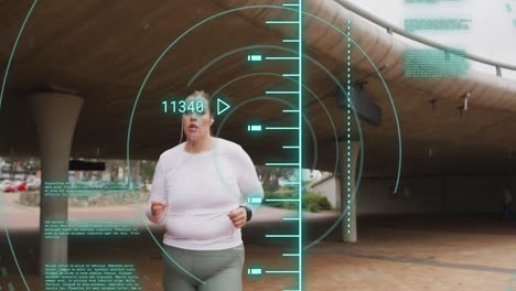 animation of data processing over plus size caucasian woman exercising in city