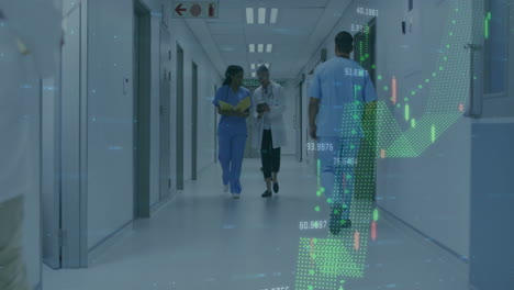 healthcare team walking hospital hallway, showing overlay charts with folder tablet stethoscope