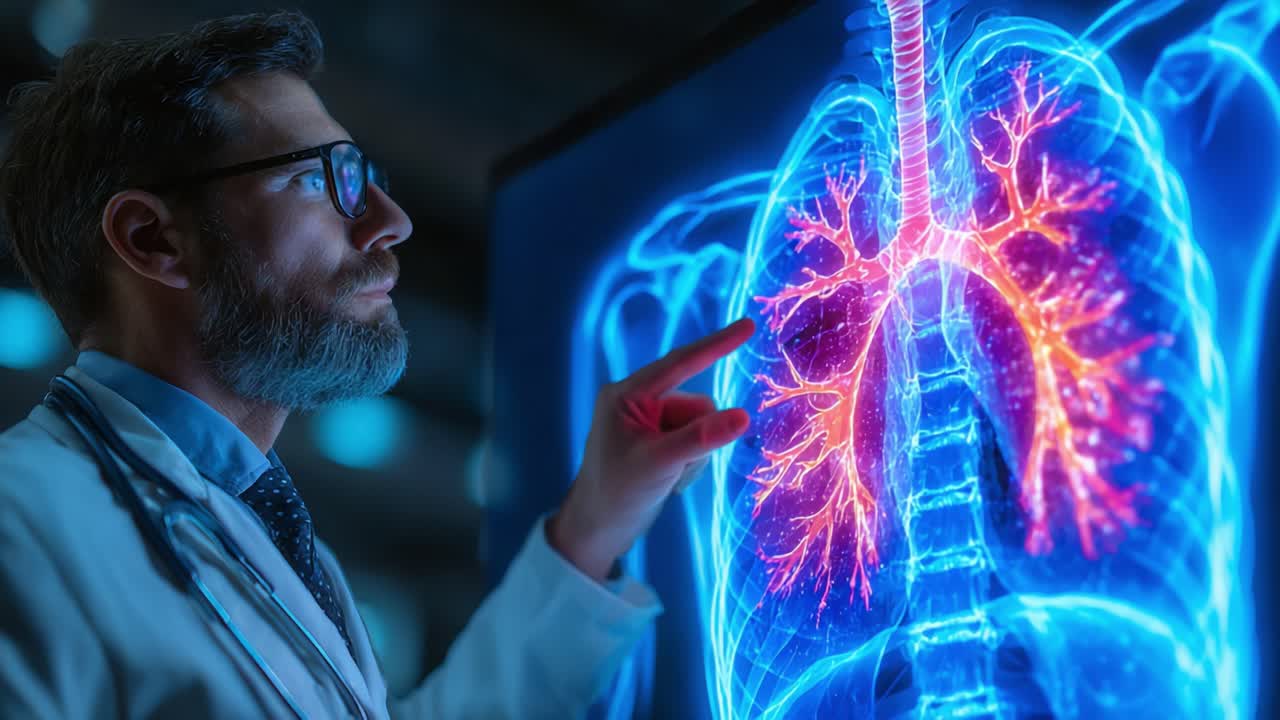 Medical Professional Analyzing Advanced 3D Visualization of Respiratory System Highlighting Lungs and Bronchial Structure with Emphasis on Circulatory Functionality