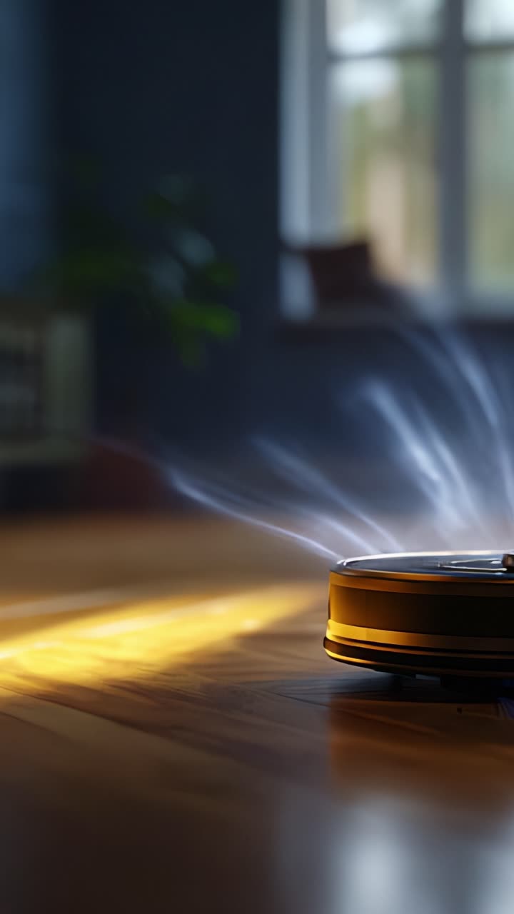 A Modern Robotic Vacuum Cleaner in Action, Capturing a Dynamic Scene of Dust Removal with Streams of Light in a Cozy Interior Environment
