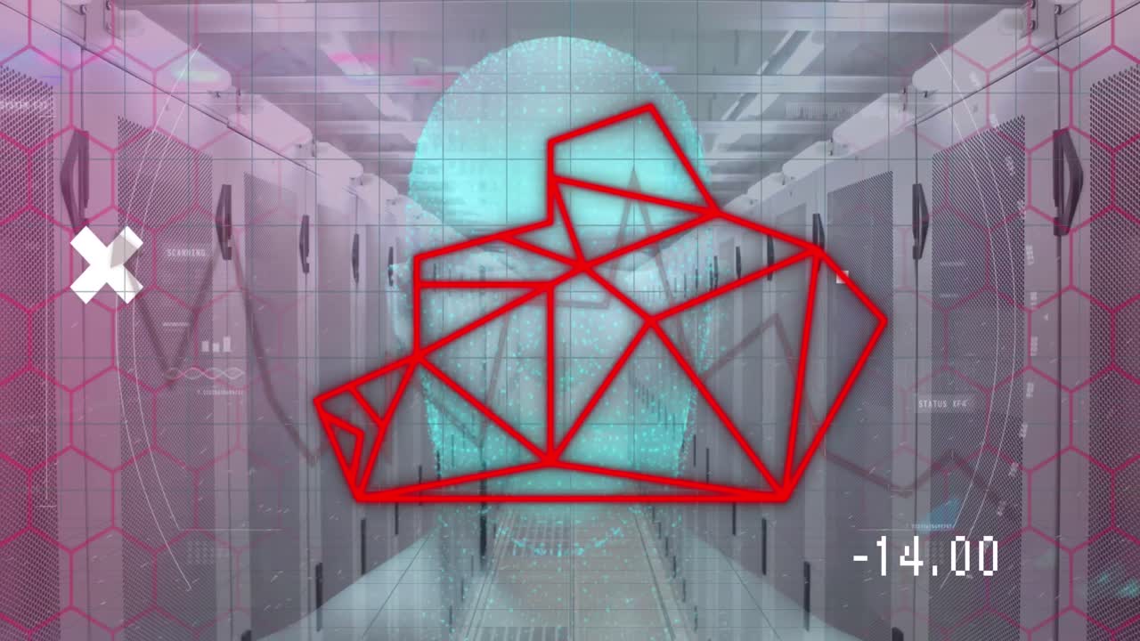 animación de los servidores de datos, globo, cruces y cabeza de oso