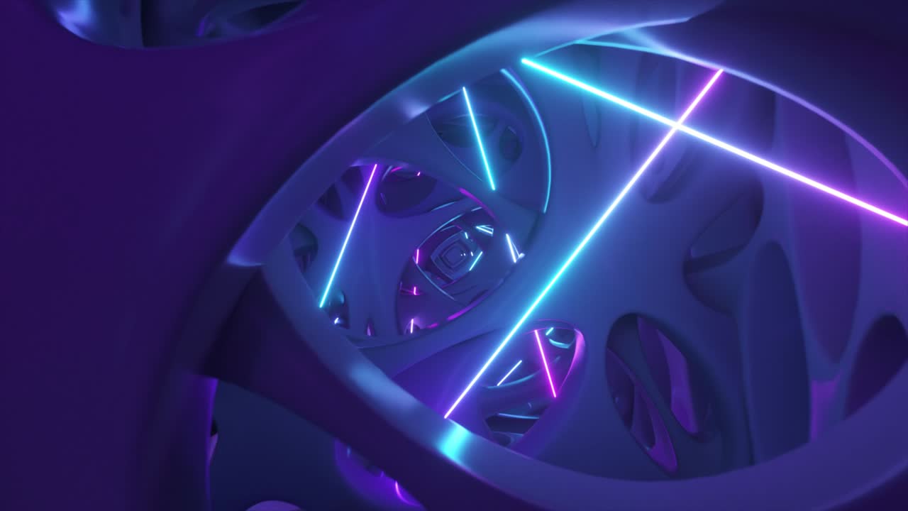 네온 불빛으로 조명된 추상적인 외계인 구조물을 날아다니며, 현대적인 자외선 조명.