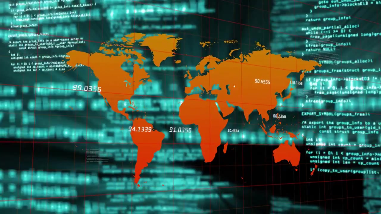 Orange world map centering teal code stream scrolling and driving data labels pulsing for analytics