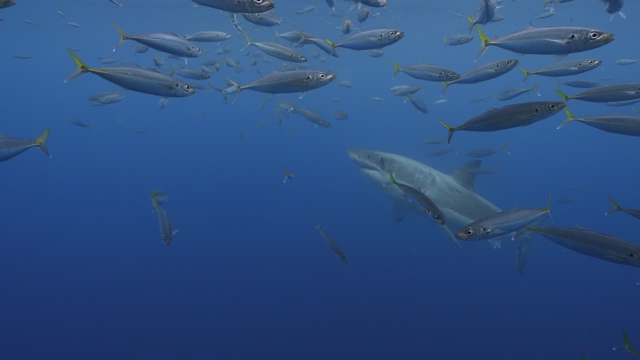 toma en cámara lenta de un gran tiburón blanco, carcharodon carcharias, tratando de atrapar un cebo de atún en aguas cristalinas de la isla guadalupe, méxico