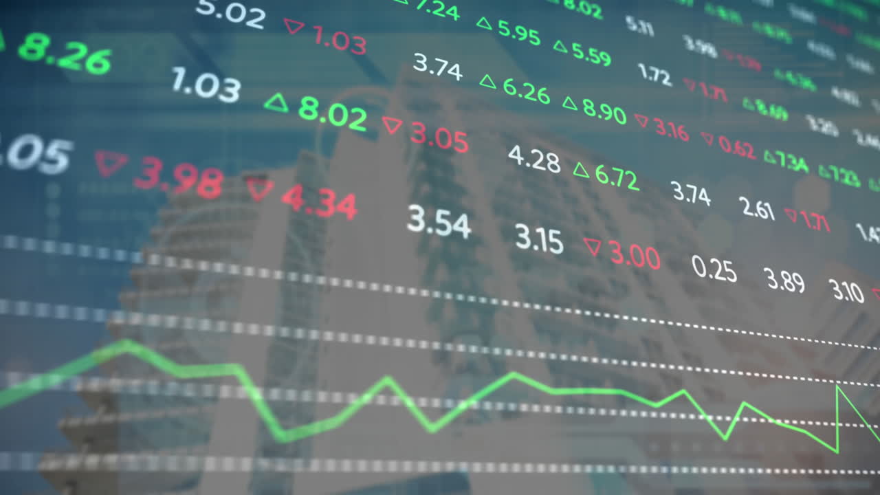 animación del procesamiento de datos financieros en un edificio de oficinas moderno