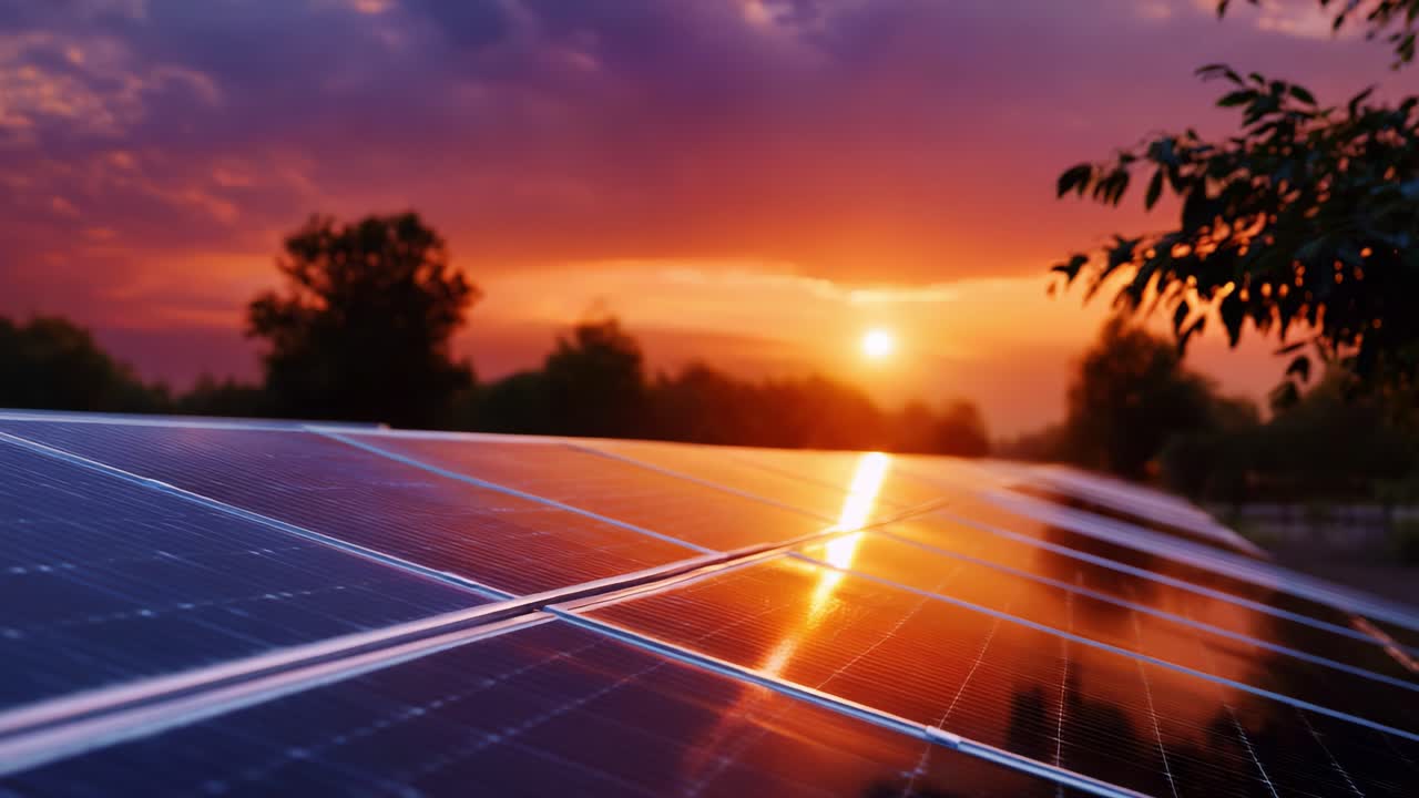 Stunning Sunset Over Solar Panels Capturing the Last Light of the Day as Colors Bloom in the Sky, Reflecting Nature's Beauty and Clean Energy Innovation