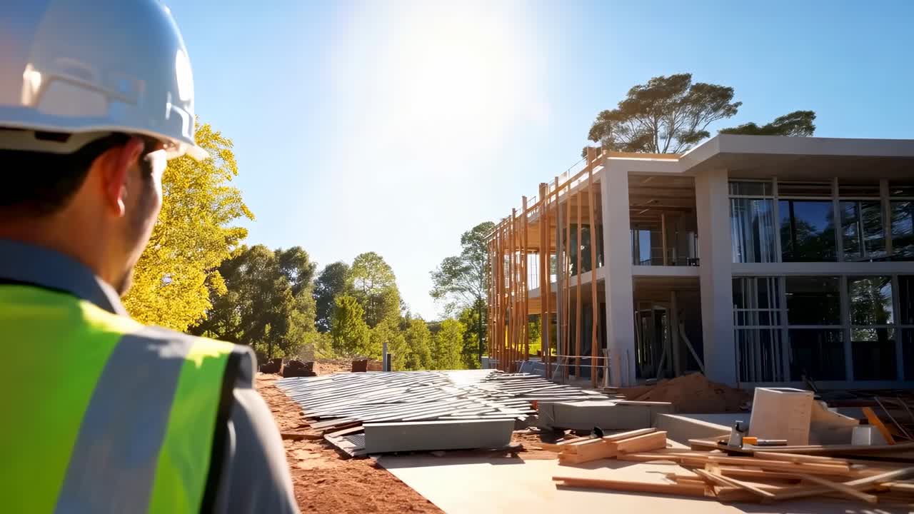 Wide-angle video shot of a construction site with a worker in a hard hat and vest in the foreground