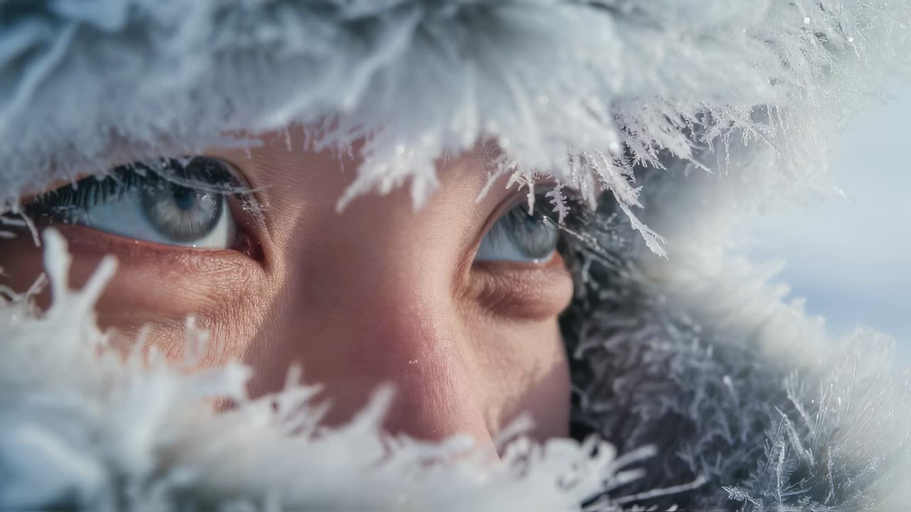 Woman explorer gazing towards snowy landscape, blue eyes revealing determination and wonder, partially covered by protective hooded winter coat in remote arctic environment