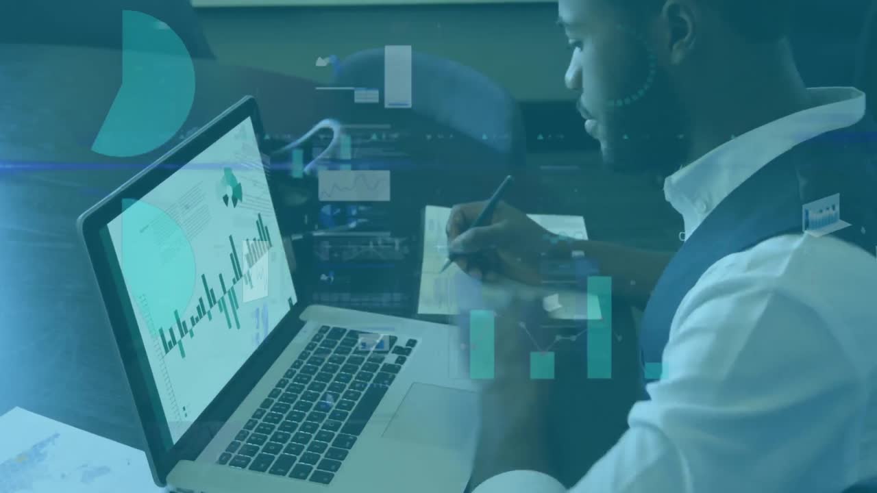 Animation of mixed race man using computer and writing notes and over data