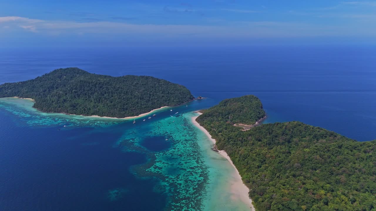 Aerial drone shot revealing the twin islands of Koh Rok, Trang, Thailand, surrounded by turquoise waters, coral reefs, and white sandy beaches. A breathtaking tropical paradise in 4K.