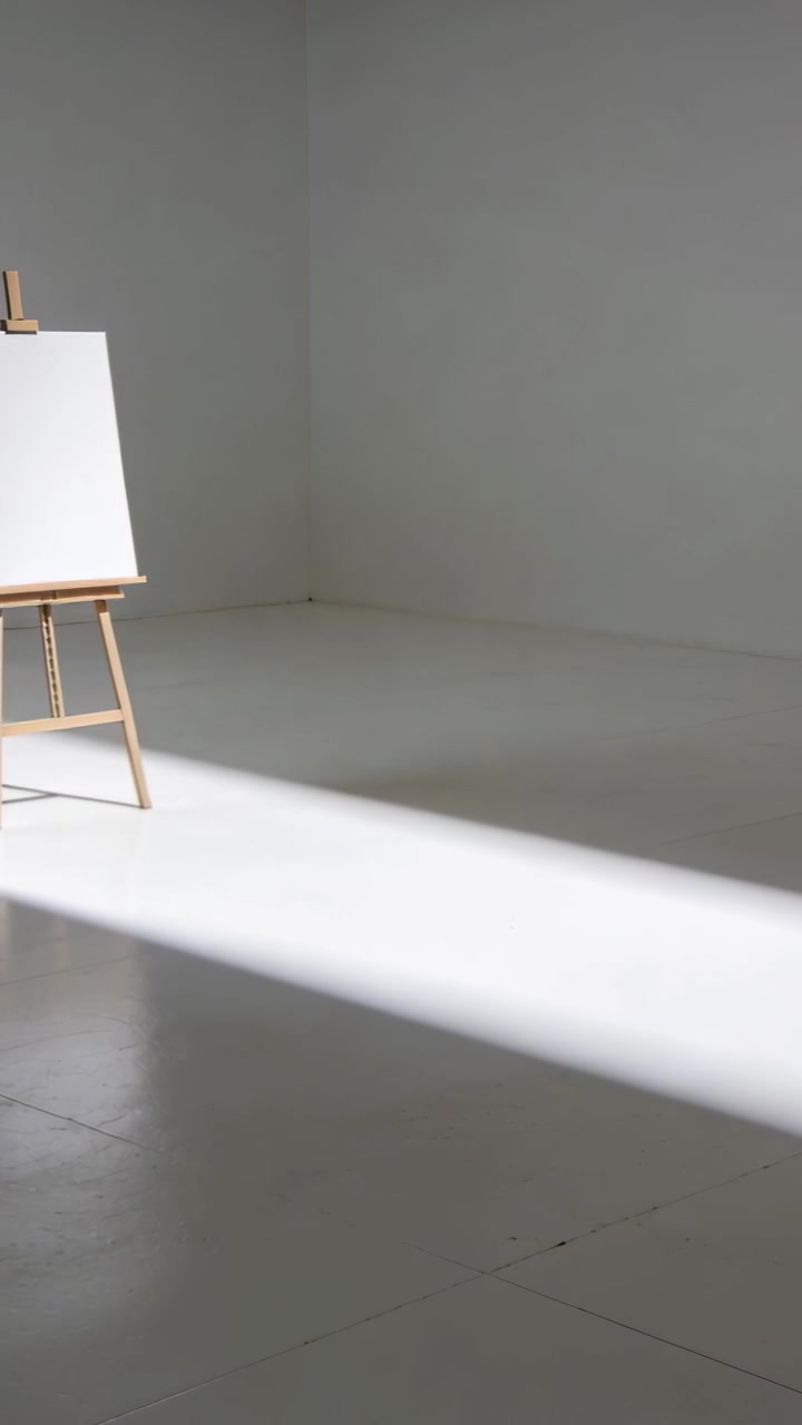 Video verticale: Luce diagonale che si sposta su un pavimento chiaro, con un cavalletto e una tela bianca a sinistra, e spazio per il testo.