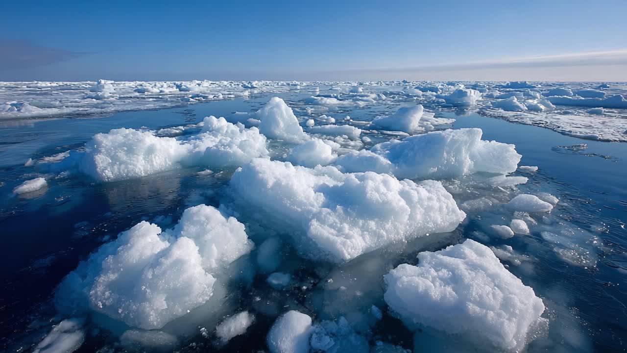 Expansive View of Floating Icebergs in a Tranquil Arctic Ocean Under a Clear Blue Sky, Showcasing the Beauty and Fragility of Polar Landscapes