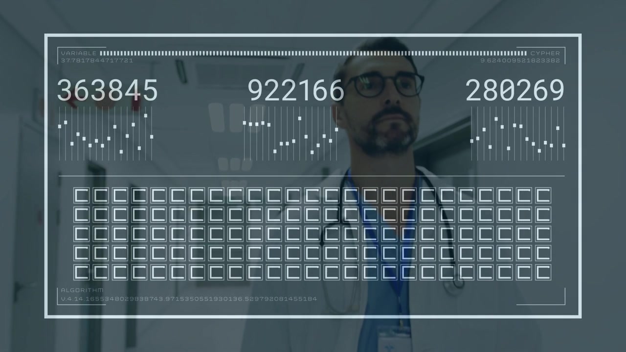 Lege går i sykehuskorridor med HUD (Head-Up Display) som viser oppdaterte numeriske avlesninger som sporer vitale tegn.