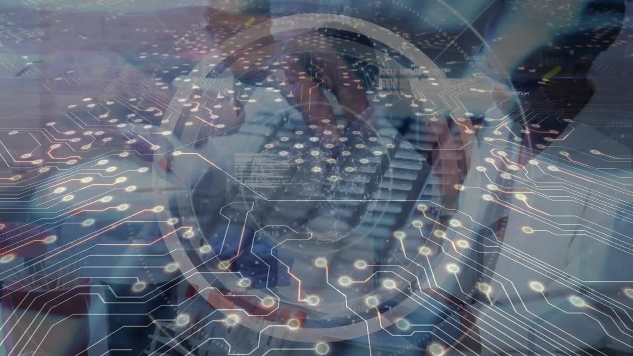 Animation of scope scanning and computer circuit board over hands typing on keyboard