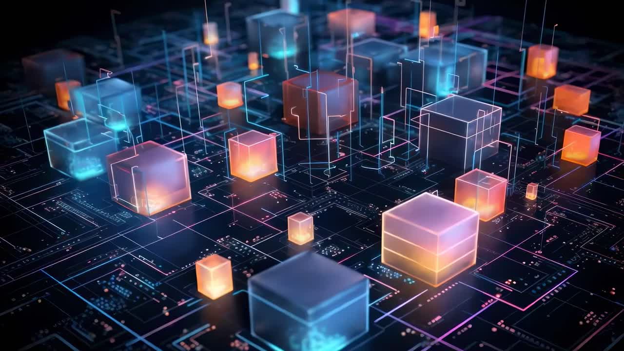 Futuristic video concept of glowing 3D cubes on a digital circuit board