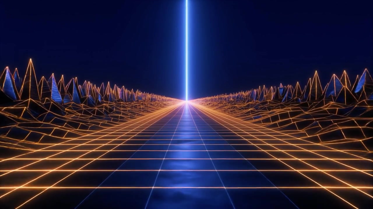 Paesaggio digitale in stile Retro Synthwave con griglia luminosa e montagne