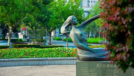 day time shanghai city park monument square panorama 4k timelapse china