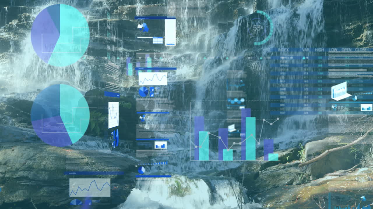 Animating data visualization and graphs over waterfall landscape in nature setting