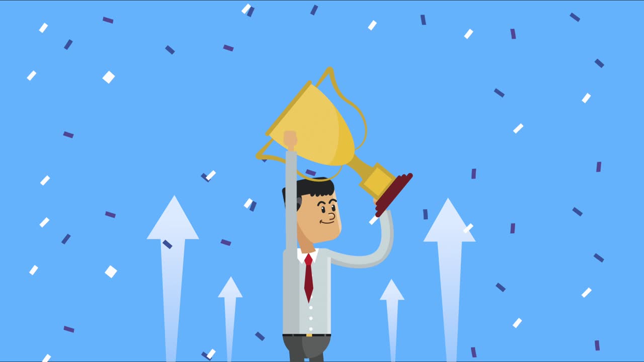 businessman lifting trophy cup and arrows
