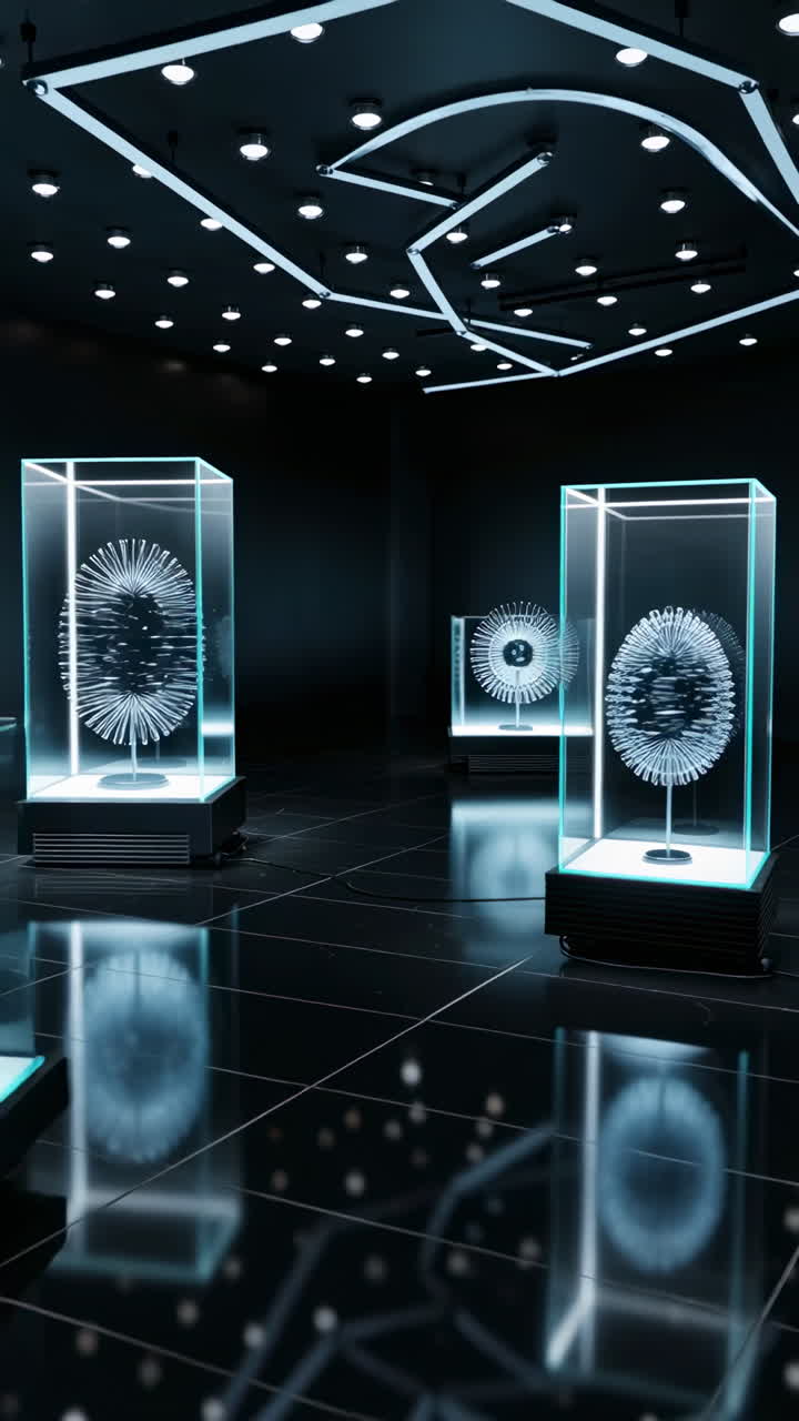 Futuristic Art Installation with Glowing Spheres in a Dark Room
