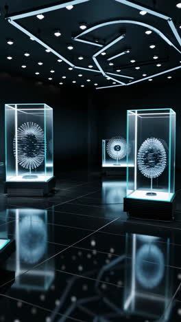 futuristic art installation with glowing spheres in a dark room