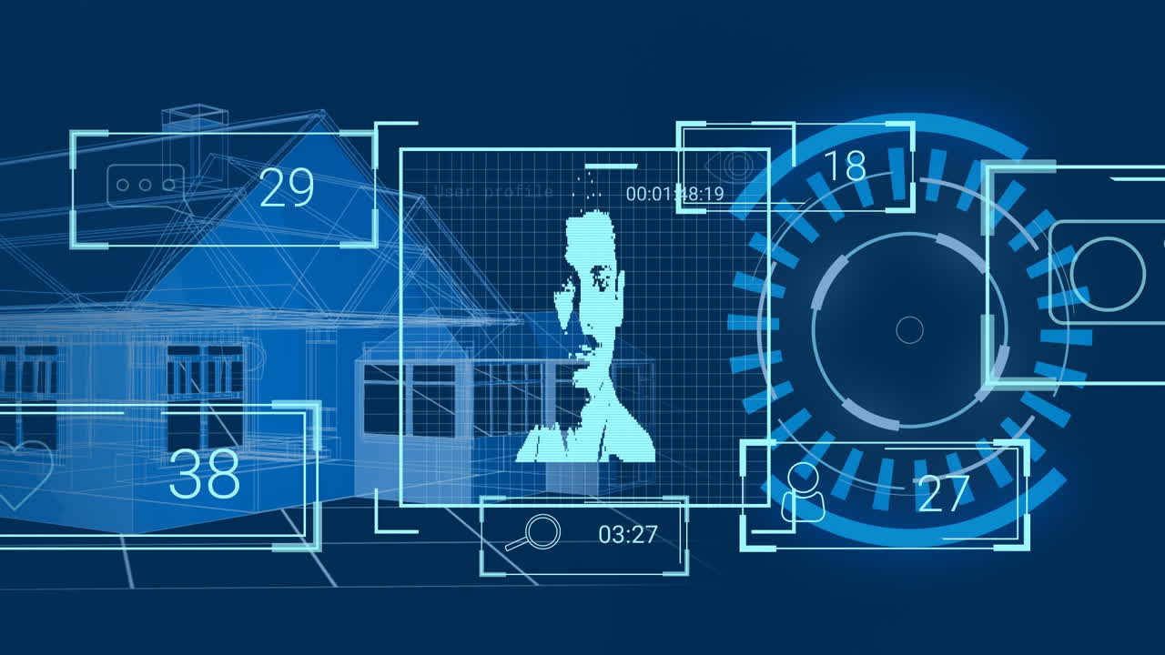 소셜 미디어 반응, 사용자 및 하우스 프로젝트의 애니메이션 파란색 배경
