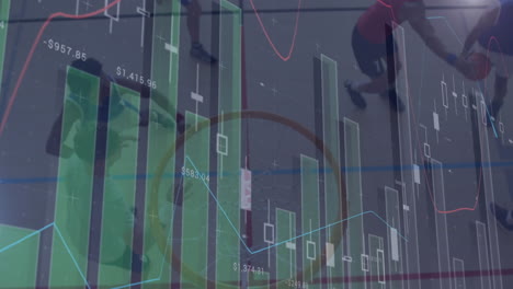 animación del procesamiento de datos sobre diversos jugadores de baloncesto masculinos en el gimnasio