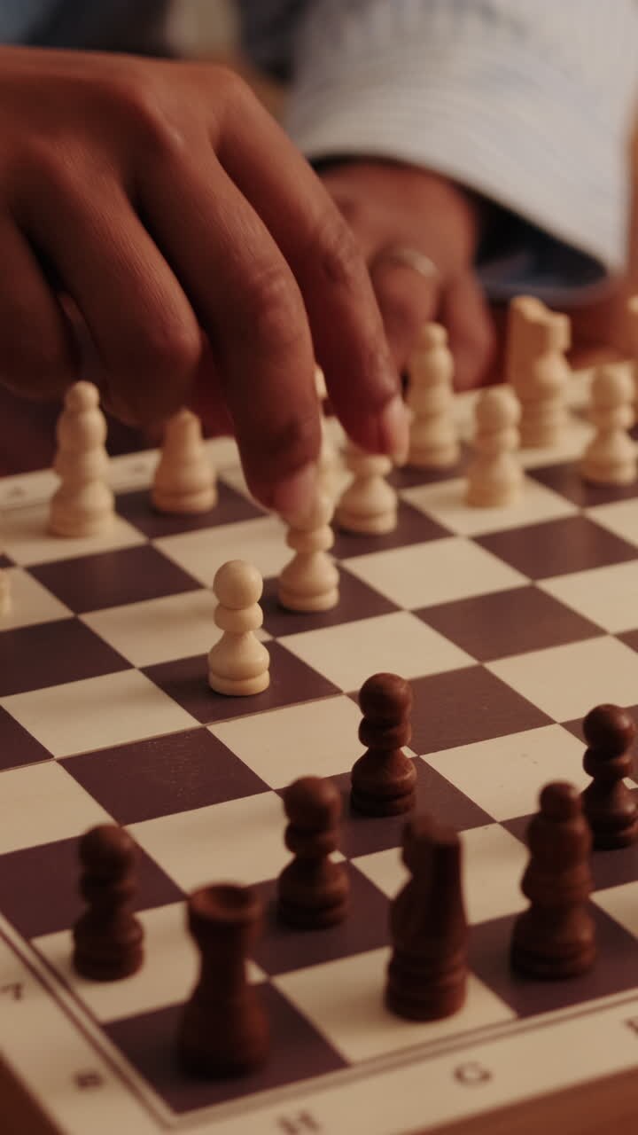 Chess Game Strategy and Concentration on Wooden Board