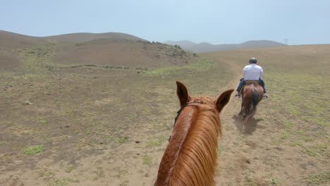 group of horse riders going up a deserted sunny hill, pov of person