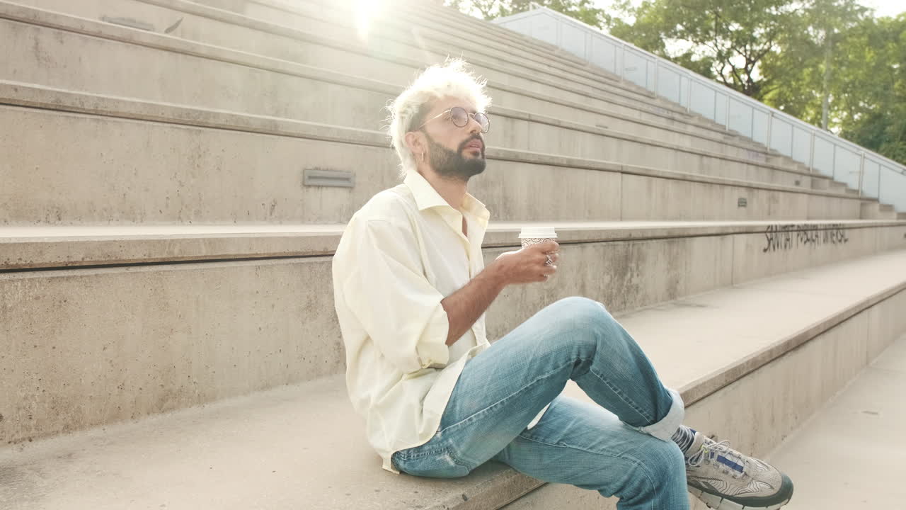 Mand, der sidder på betontrapper og drikker kaffe