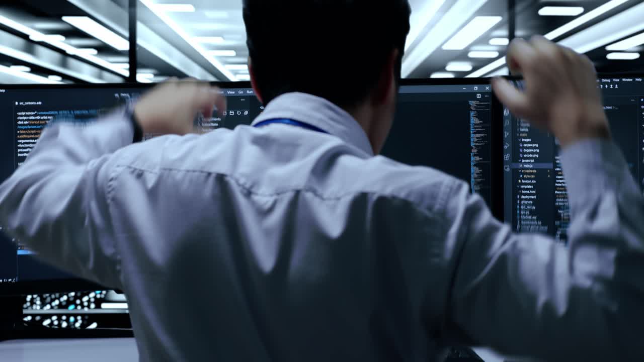 celebrando un éxito de codificación en una sala de servidores