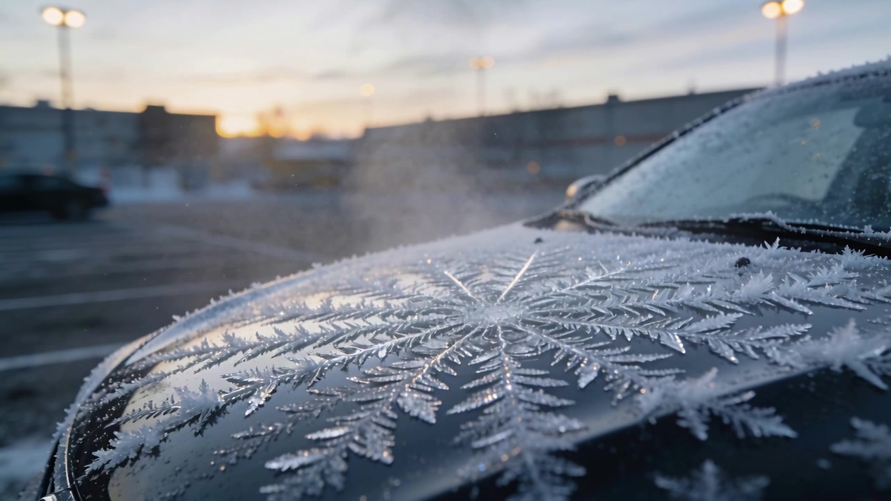 Warming morning sunlight melting fern-like frost on car hood at parking lot, with vapor rising